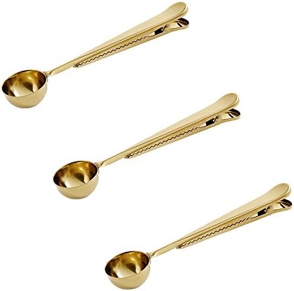 Pandain Stainless Steel Coffee Scoop/Measuring Spoon with Sealing Clip, Gold, 3 Pack