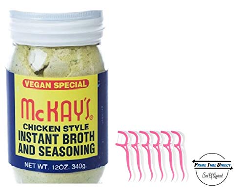 McKay's Chicken Style Instant Broth & Seasoning, Vegan Special, 12 oz with 20ct Dental Flossers in a Prime Time Direct Sealed Bag