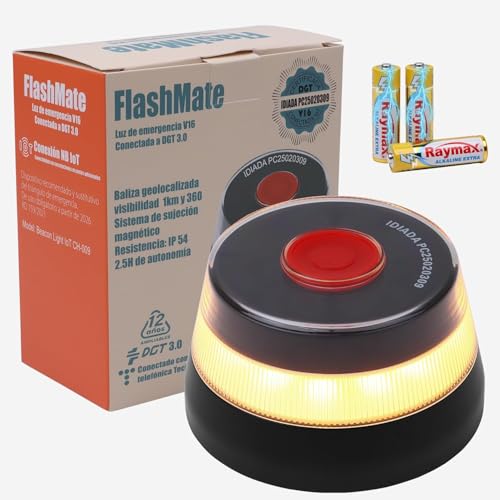 Azhien DGT Approved Car Emergency Light | Beacon V16 Approved DGT with Geolocation | Car Breakdown Light [Visibility 1 Km] V16 Beacon with GPS,1 Unit (3 AA Batteries Included)