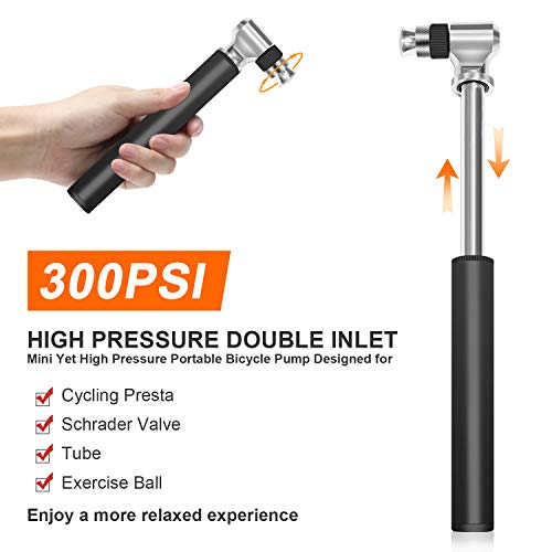 DTNO.I Mini Bike Pump, Portable Bicycle Pump Fits Presta and Schrader Value, 300PSI High Pressure Hand Air Pump for Tires with Glueless Puncture Repair Kit