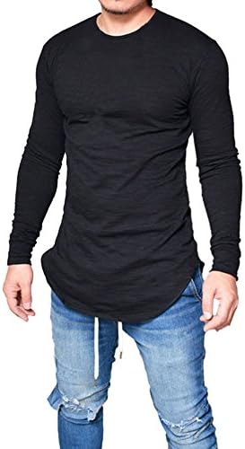 Mens Long Sleeve Slim Fit Solid Lengthen Muscle Tee Round Neck Harem Vintage Hip Hop Top Shirt (Black, Large)