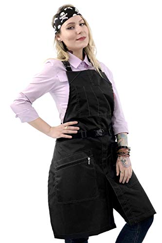 Cross-Back Barber Black Apron - Heavy-Duty Nylon, Water Chemical Resistant, Zipped Pockets, No-Tie, Split-Leg - Adjustable Men, Women - Pro Hair Stylist, Salon, Colorist, Artist
