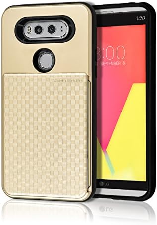 LG V20 Push Hidden Wallet Case [Card Slot] [Heavy Duty] [Slim Fit] [Textured Grip] Dual Layer Hybrid Tough Shield Front Screen Drop Protection Rubber Back Bumper Hard Holder Cover LGV20 (Gold)