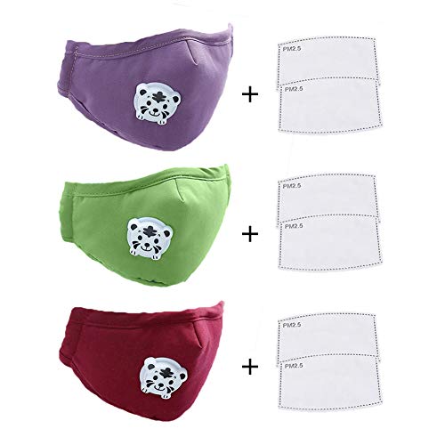 CHUANGLI 3 Pack Cute Kids Anti PM 2.5 Pollen Dust Mask Washable Cotton N95 Masks with Valve Replaceable Filter