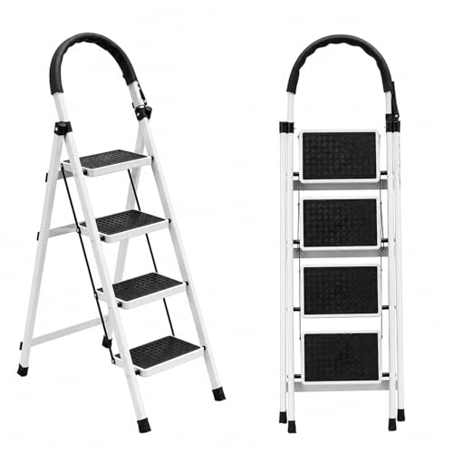 Unicame Escalera Plegable para Casa,Escalera Plegable 4 Peldaños,Diseño Antideslizante,Diseño de Cierre de Seguridad,Escalera Tubular,Escalera de Tijera,para Hogar Oficina Almacén-Negro (Blanco)