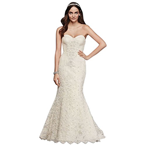 David's Bridal Oleg Cassini Strapless Lace Trumpet Wedding Dress Style CRL277, Ivory, 16