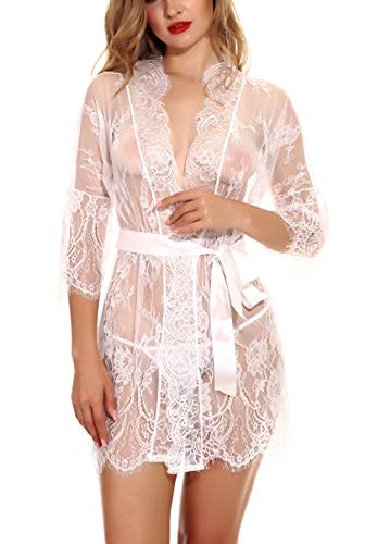 SAMLON Women's Lace Kimonos Robe Babydoll Lingerie Bath Nightgowns Mesh Chemise Nightdress for Women