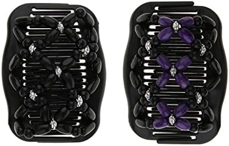 P Prettyia 2 Pieces Stretchy Magic Combs - Vintage Elastic Double Combs with Wooden Beads Chain Hair Clip Accessories for Women