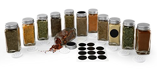 Nellam 12 Square Spice Jars Set with Shaker Tops and Sticker Labels 4oz Clear Glass Containers with Silver Top Kitchen Organizer Bottles for Pepper Salt Herbs and Spices