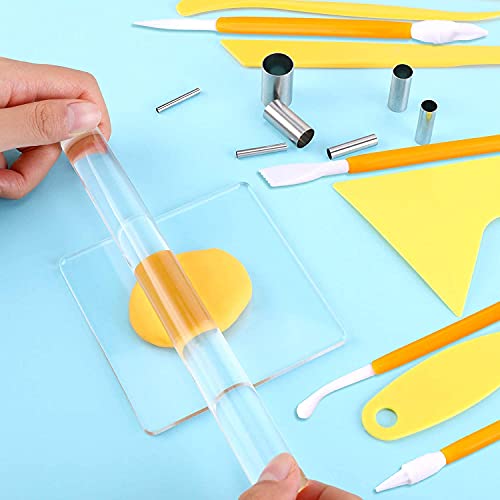 KASTWAVE 23 Pieces Clay DIY Tool Set, Acrylic Clay Roller, Acrylic Sheet, Plastic Scraper Backing Board, Stainless Steel Round Circle Shape Cutter, Plastic Polymer Clay Shaping Tool for DIY Craft