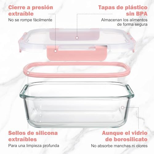 10 Piezas Recipientes de Vidrio con Tapas Herméticas, Reutilizables, Apto para Microondas, Horno, Congelador y Lavavajillas, Sin BPA, Fiambrera Cristal, Rosa