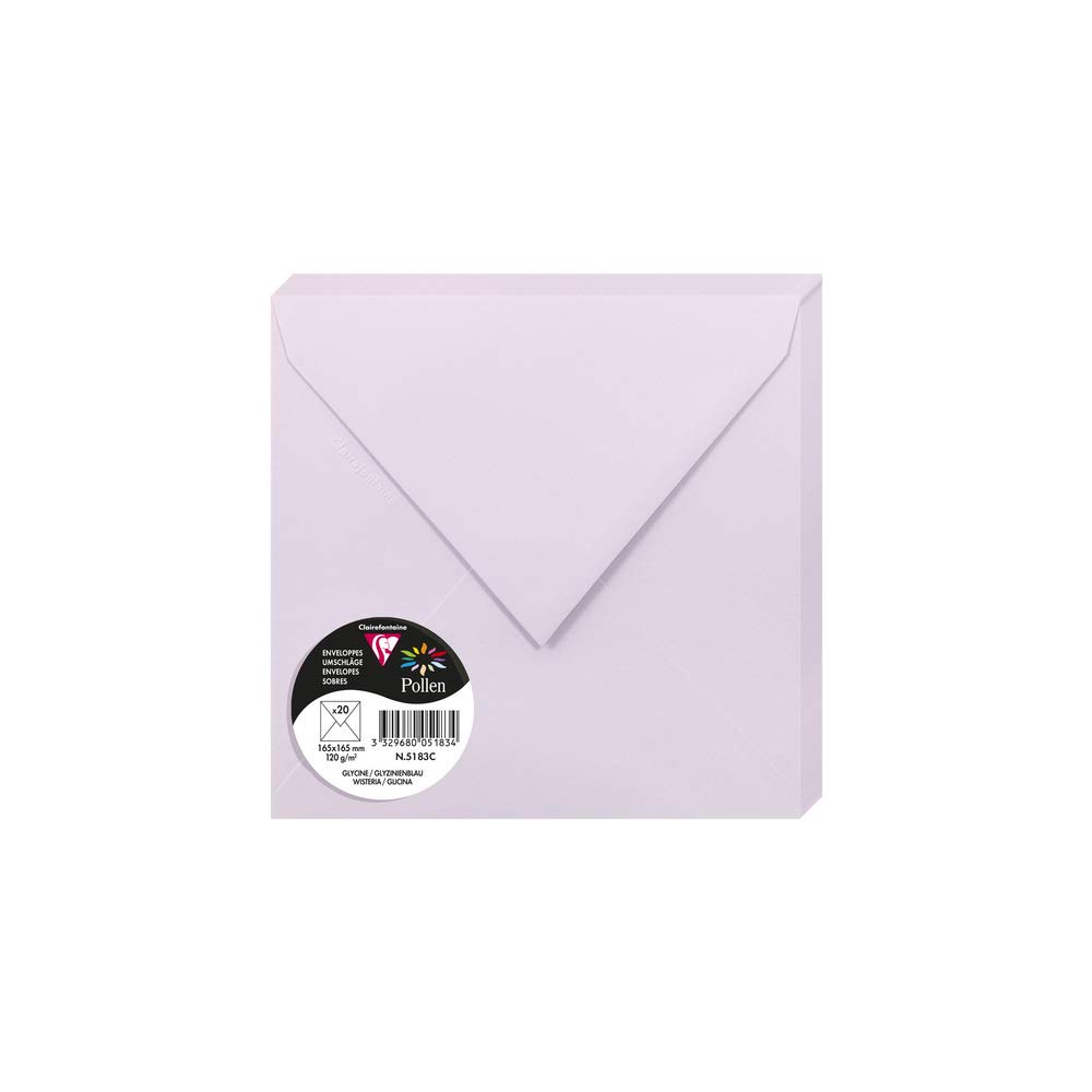 Clairefontaine - Ref 5183C - Pollen Envelopes (Pack of 20) - 165 x 165mm Sized, 120gsm Paper, Gummed Seal, Inkjet & Laser Printer Compatible, Acid Free - Wisteria