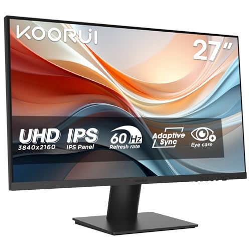KOORUI Monitor 27 Zoll, 4K PC Bildschirm UHD(3840x2160), IPS, 4ms, 60Hz, 2X HDMI 2.0 & DisplayPort 1.4, Adpitive Sync, HDR10, VESA 100x100mm, 90% DCI-