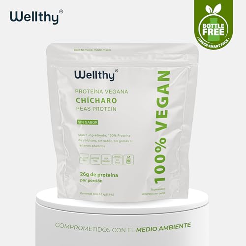 Wellthy Peas Protein Proteína Vegana de Chícharo 1.8kg. 60 Porciones por Envase, 100% Natural, 100% Plant Based, Low Carb, Gluten Free, Sugar Free, Bottle Free.