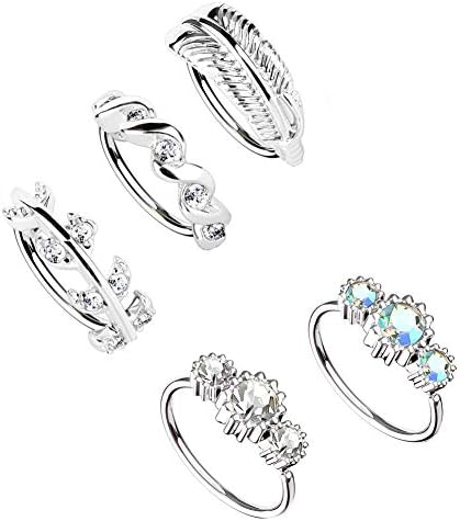 LOYALLOOK 18-20G Nose Ring Nose Piercing Hoop Paved CZ Crawler Surgical Steel Cartilage Surgical Steel Daith Earrings 5Pcs