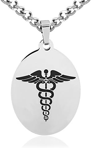 MedicEngraved Mens Womans Oval Stainless Steel Medical ID Necklace with Black Enamel Caduceus symbol - Customized Medical Engraving Included