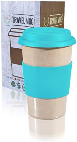 14oz 100% Organic Eco-Friendly Reusable Travel Mug, To Go Takeaway Coffee Cup BLUE, Biodegradable Material FDA Approved BPA Free, Leak Proof Silicone Lid & Heat Resistant Grip.Free Recipe ebook