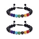 BESKIT Men Women 8mm Lava Rock 7 Chakras Beads Bracelet Braided Rope Gemstones Yoga Bracelet Bangle (2 Pcs Lava Chakra)