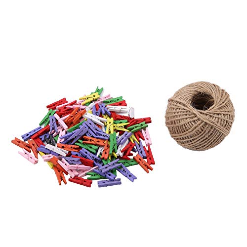 Hongzer Wooden Clip, 200pcs Natural Wooden Mini Clothespins Clip Peg with 1 Roll 50 Meter Jute Twine Crafts Decor
