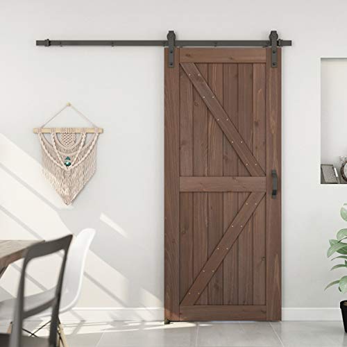 Genius Iron Light Walnut 36inx84in Barn Door with 6.6FT Sliding Door Hardware Kit & Flush and Pull Set & Floor Guide, Pre-Drilled Ready to Assemble Environmental Solid Fir Wood Door Panel, K-Frame - Thumbnail 7