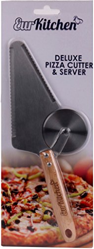 EurKitchen Deluxe Stainless Steel Pizza Cutter and Server, Slice and Serve Pizza, Pie, Cake and More, Wooden Handled Serrated Spatula with Built-in Wheel Cuts and Serves with One Convenient Tool