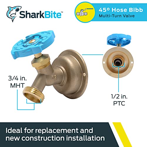 SharkBite 1/2 x 3/4 Inch MHT 45 Degree Hose Bibb, Multi Turn, Push To