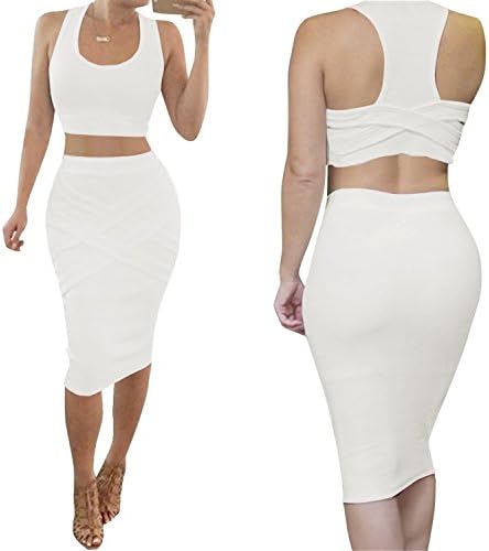 Sicong2 Natural and Graceful Womens Crop Top Midi Sexy Outfit Two Pieces Bodycon Bandage Dresses WhiteSmall Attractive