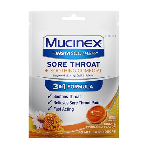 MUCINEX INSTASOOTHE SORE THROAT RELIEF DROPS, SORE THROAT LOZENGES, SORE THROAT MEDICINE WITH HEXYLRESORCINOL, COUGH DROPS ALTERNATIVE, HONEY & ECHINACEA FLAVOR MEDICATED NUMBING THROAT DROPS, 40 CT