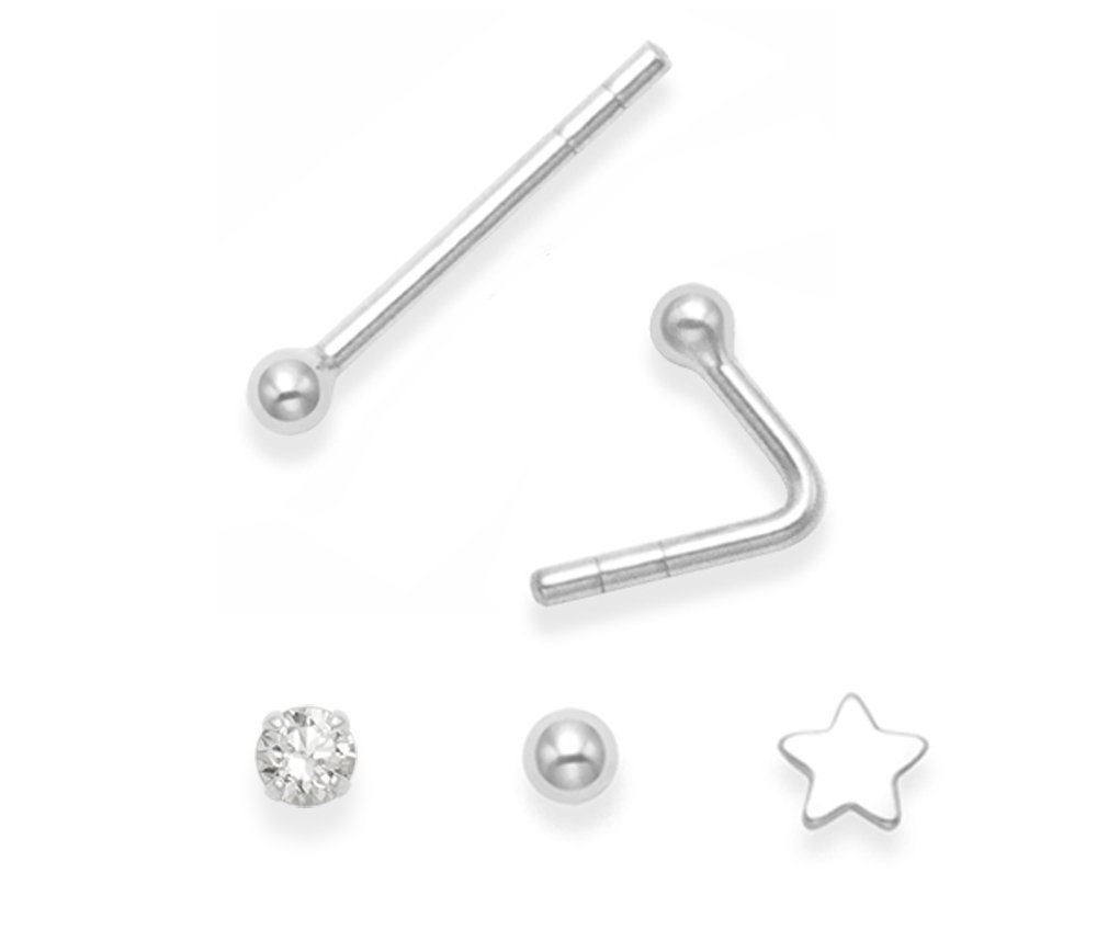 Sterling Silver NOSE STUDS x 3 SINGLE: Ball, Star & Round Cubic Zirconia - SIZES: 2mm & 3mm. BEND TO FIT - see second photo. 5180/5148/5549CL