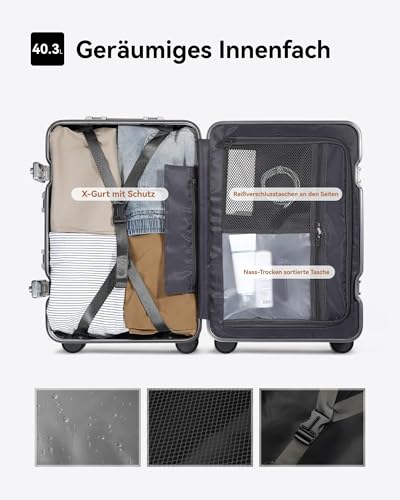 LUGGEX All Aluminium Suitcase, Hand Luggage, Aluminium Suitcase Trolleys without Zip, Sturdy Hard Shell Case with 4 Double Spinner Wheels, TSA Combination Lock (Silver, 55 x 38 x 23 cm, 40 L)