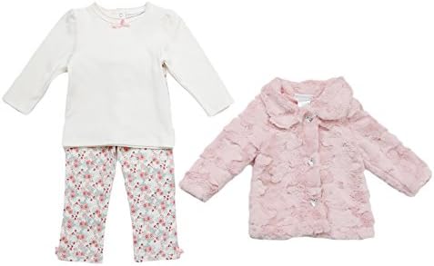 Mini Muffin Baby Girls 3-Piece Faux Fur Jacket Pant Shirt Set, Floral Coral 0-3 Months