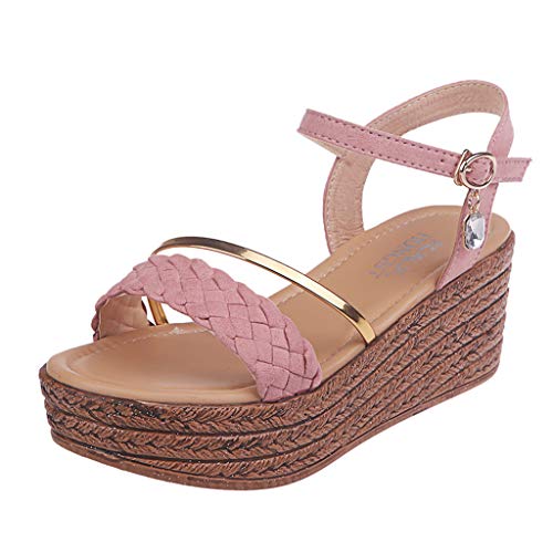 BEAUTYVAN Women's Summer Slip On Sandals Slingback Peep Toe Platform Wedge Rhinestone Dress Shoes Pink