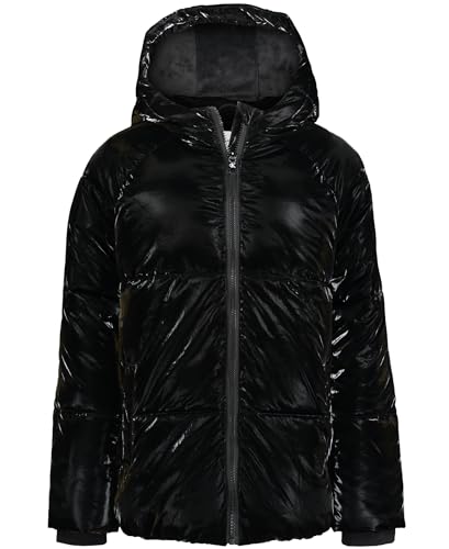 Calvin Klein Girls’ Short Length Hooded Winter Puffer Jacket With Fleece Lining, Black Shine, 7