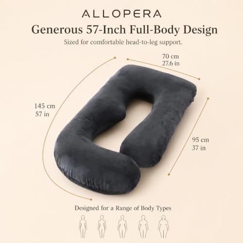 ALLOPERA Pregnancy Pillow, Full Body 57 Inch Maternity Pillow with Removable Washable Cover - Sleep Support for Legs, Back, Neck, Shoulder, HIPS, Belly for Pregnent Women, Velvet Cover (Black)