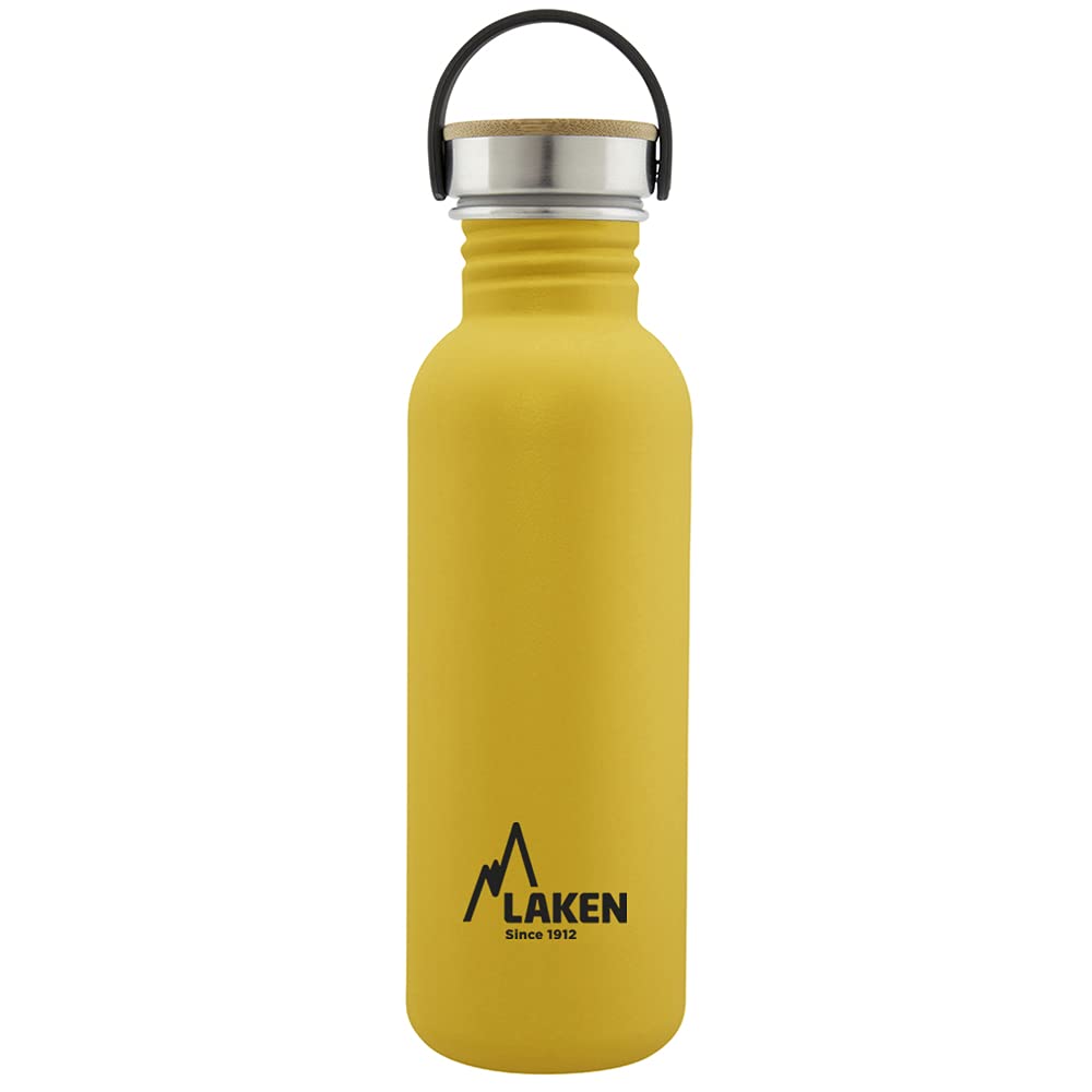 LAKEN Stainless Steel Bottle with Steel and Bamboo Screw Cap and Wide Mouth 750 ml, Yellow