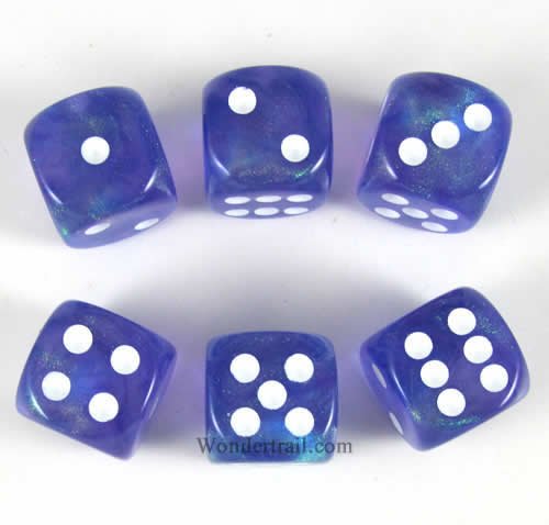Purple Borealis With White Pips 16mm D6 Dice Set of 6 Wondertrail WCX27607E6