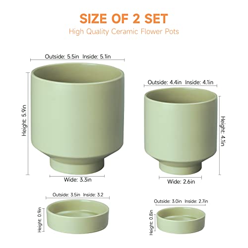 JOFAMY Ceramic Plant Pots, Scandinavian 2 pcs Mint Green Flower Pots with  Drainage Holes and Saucer, 5.5/4.5 Inch Ceramic Planter for Small Plants, Succulents  Cacti, Balcony Desk Dresser Decoration