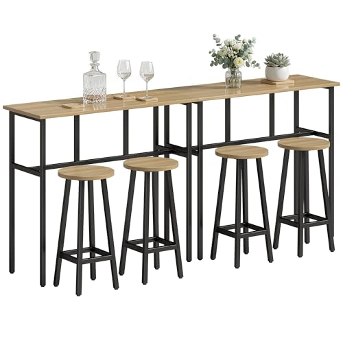 HOMCOM 6-Piece Bar Table Set, 2 Breakfast Tables with 4 Stools, Counter Height Dining Tables & Chairs for Kitchen, Living Room, Grey-Brown Wood Grain