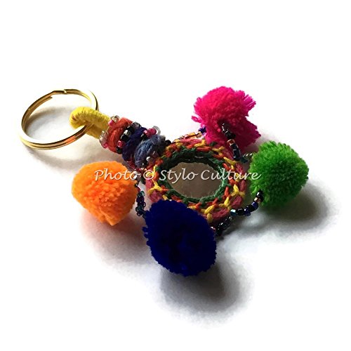 Stylo Culture Bohemian Hand Knitted cute Keychain For Women For Car Key Traditional Multicolored Mirror, Pom Pom Balls & Beads Gift Silk Thread Puff Ball Keychain