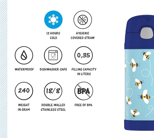 THERMOS kids FUNTAINER STRAW BOTTLE 0.35 L, bees, thermos flask for children, made of stainless steel, with straw, 12 hours cold, absolutely leak-proof, for school, nursery, break