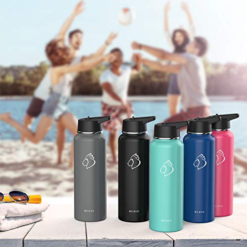 BUZIO Double Wall Stainless Steel Sports Water Bottle, BPA-Free Flex Cap and Straw Lid, 40 Ounces, Pacific Dream