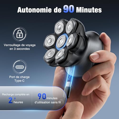 kensen Men's Bald Head Razor 7D Bald Head Trimmer 90 Mins Battery Life 2 Speeds Bald Shaver Crane Waterproof IPX6-Wet & Dry, USB-C, Wireless, with LED Display (Black)