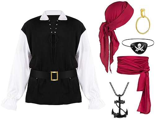 Photo 1 of 7 Pcs Halloween Pirate Costume Adult Men's Captain Pirate Shirt Bandana Belts Earring Necklace Blindfold Pirate Accessories?Claret?Medium?