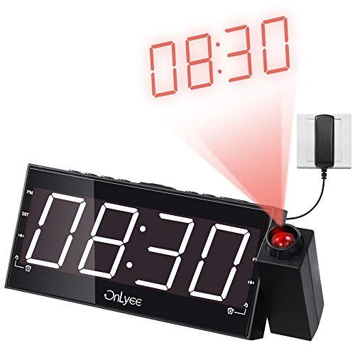 OnLyee Projection Clock with FM Radio, 7" LED Display, Wall Ceiling Clock, Nap/Sleep Timer, 3 Dimmer, Dual Alarm and Dual USB Ports for Wall,Travel, Bedrooms, Ceiling, Kitchen, Desk, Shelf