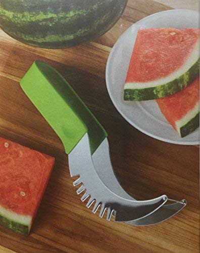 Watermelon Slicer Stainless Steel Cutter Tongs Multipurpose Knife Melon Cutter Dishwasher Safe (Green Handle)