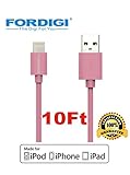 *Improved Version* FORDIGI® APPLE CERTIFIED Extra Long (10 Feet) USB Sync and Charging Lightning Cable for iPhone 5/5S/5C/6/6 Plus, iPad 4, iPad Air, iPad Mini (Apple Certified 10 Ft. Pink)