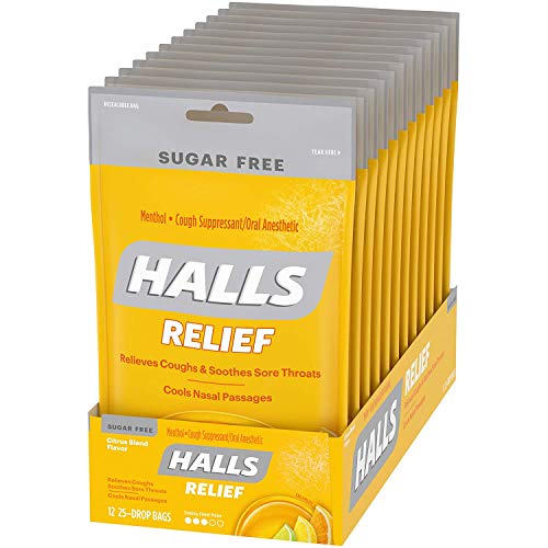 Halls Citrus Sugar Free Cough Drops With Menthol 300 Drops (12 Bags