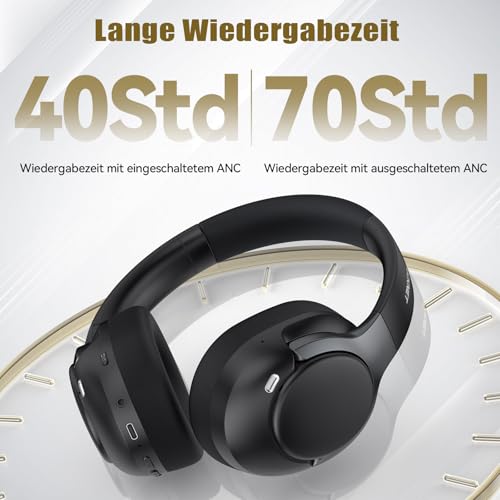 TECKNET Over Ear Bluetooth Headphones with Hybrid Active Noise Cancelling, Wireless Bluetooth 6.0 Headphones, 70 Hours Playback Time, 6 EQ Modes, 3.5 mm Audio Cable for Home, Travel and Office, Black