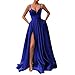 Black Prom Dress 2025 Long Satin Maxi Spaghetti Straps High Slit Formal Dress for Women Ball Gown with Pockets US16