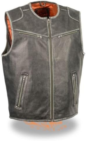 MEN'S MOTORCYCLE VINTAGE DISTRESSED GREY ZIPPER FRONT BUTTER SOFT LEATHER VEST ( M Regular)